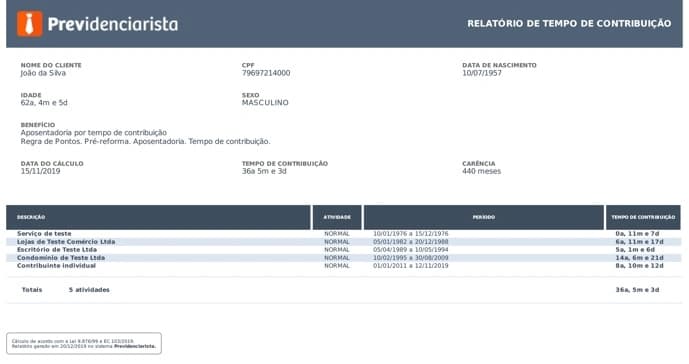 Relatório de tempo de contribuição com todos os vínculos considerados no cálculo