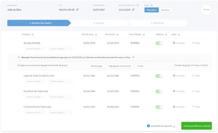 Lista de qualidades de segurado do cliente