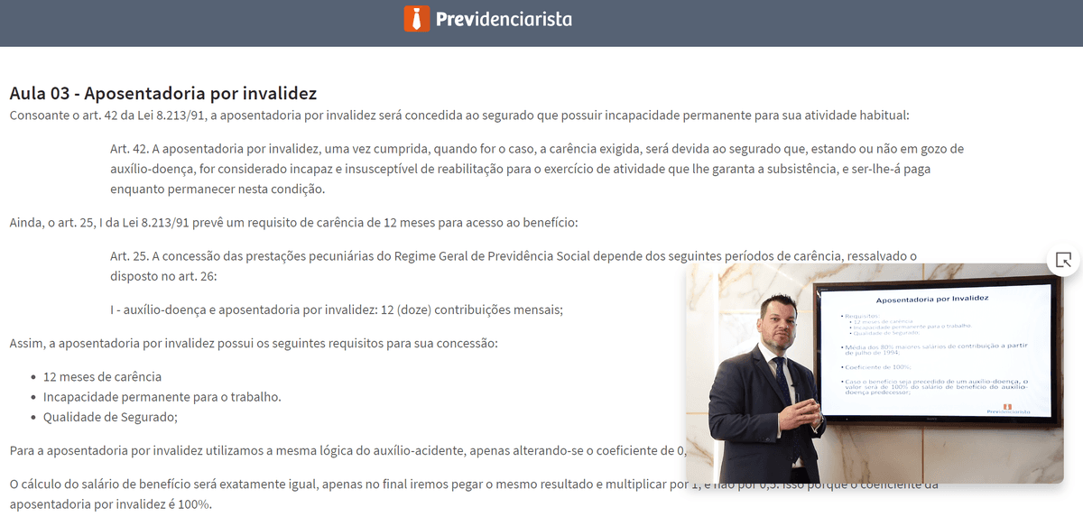 Aula de aposentadoria por invalidez vista pelo site