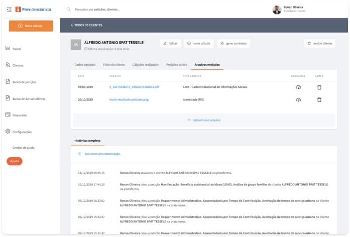 Lista de documentos digitalizados pelo sistema e enviados para o cliente