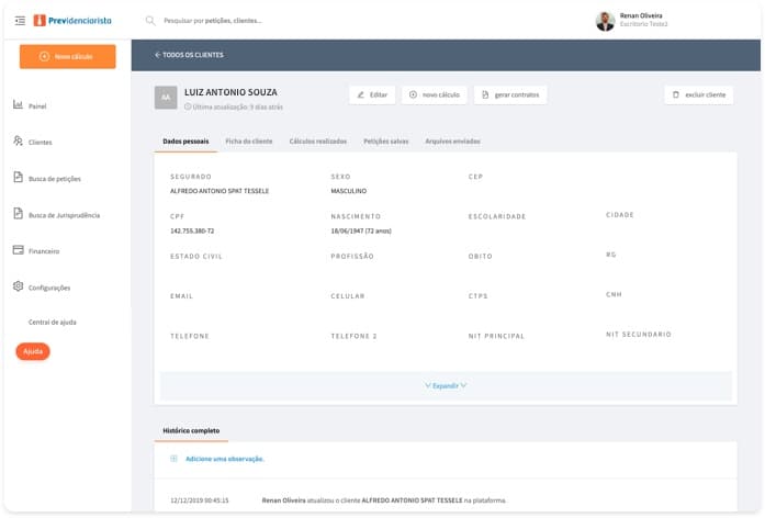 Dados do cliente salvos no sistema