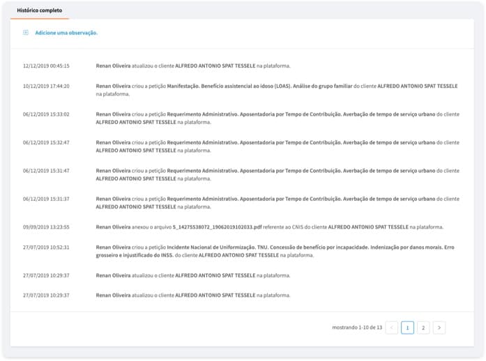 Histórico de todos os eventos no cliente no escritório