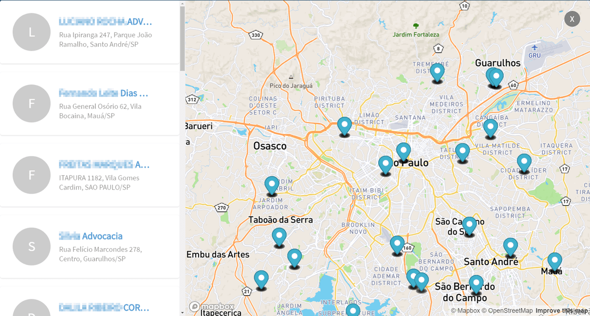 Mapa com várias marcações dos locais dos escritórios