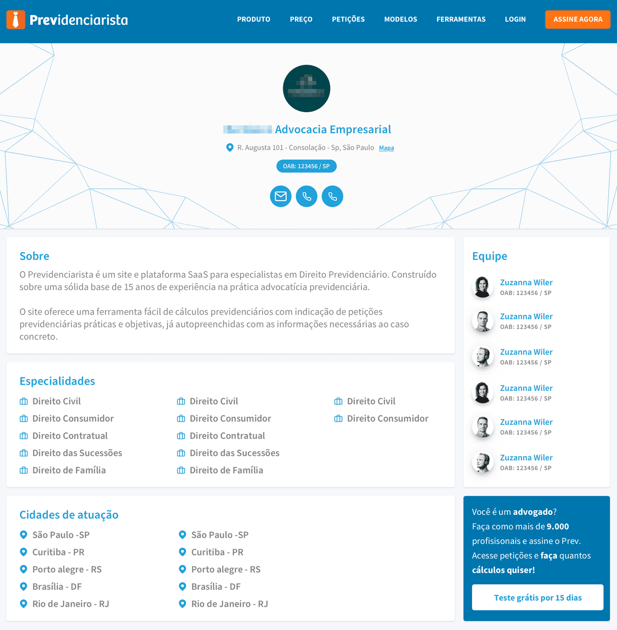 Página com todas as informações do escritório de advogacia