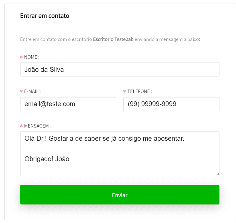 Formulário para entrar em contato com escritório de advogacia