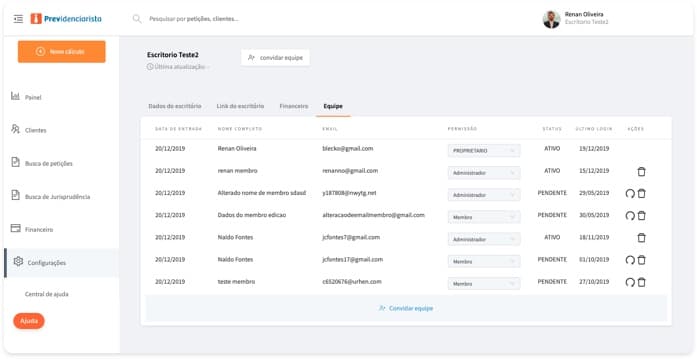 Lista de membros da equipe do escritório