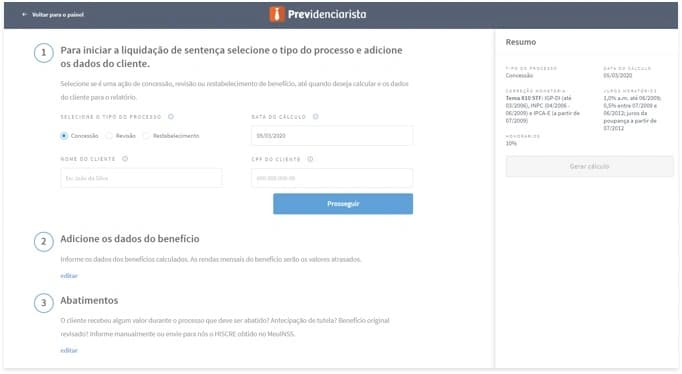 Formulário de liquidação de setença