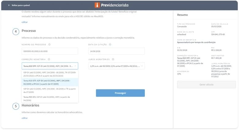 Formulário de correção de índices