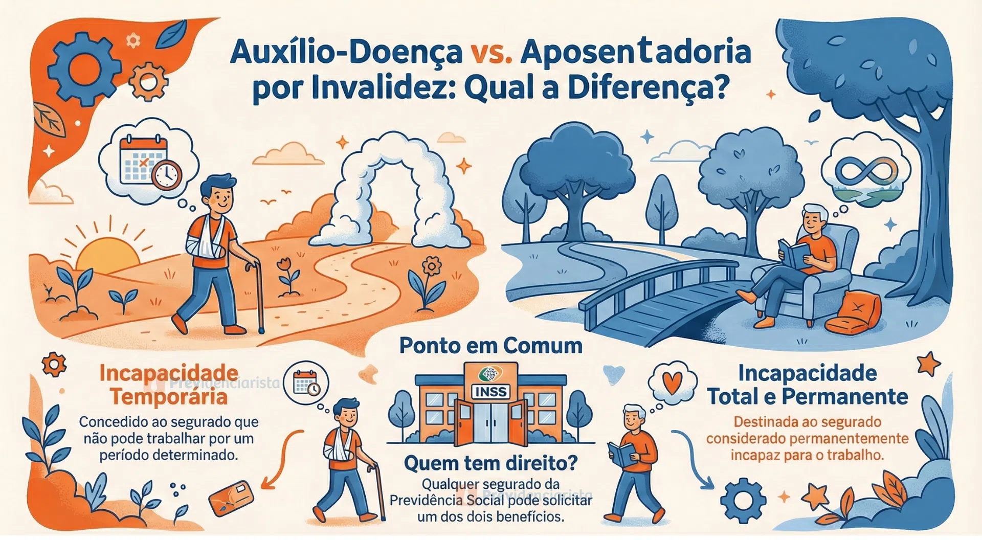 infográfico que explica a diferença aposentadoria por invalidez e auxilio doenca